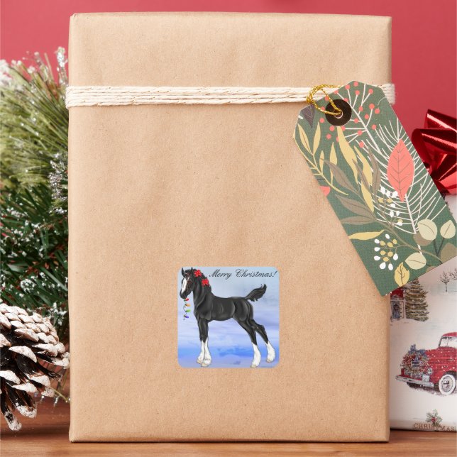 Black Draft Horse Foal Christmas Square Sticker (Holiday)