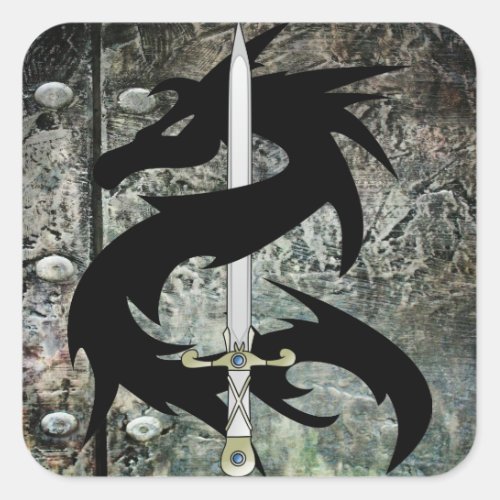 Black Dragon and Sword Square Sticker