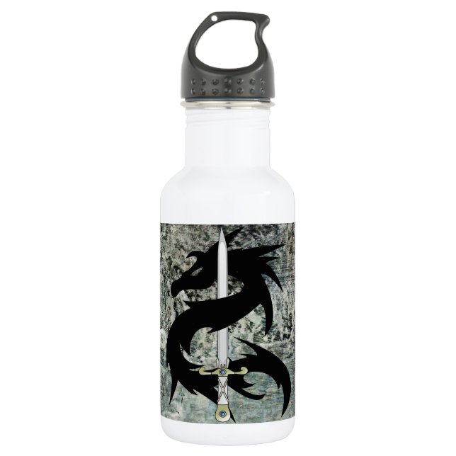 Black Dragon and Sword Water Bottle (Front)