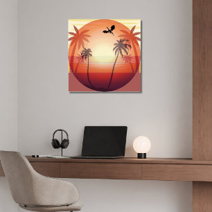 Black Dragon Flying Over Sunset Tropical Island Poster
