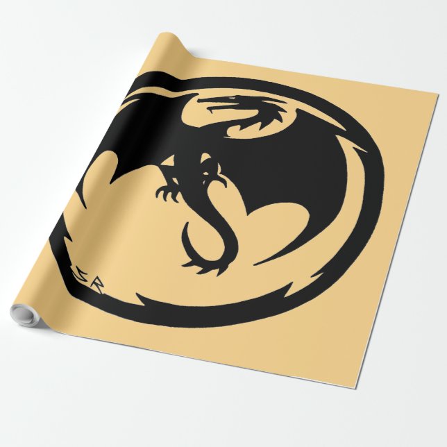 Black Dragon gold glossy wrapping paper large (Unrolled)
