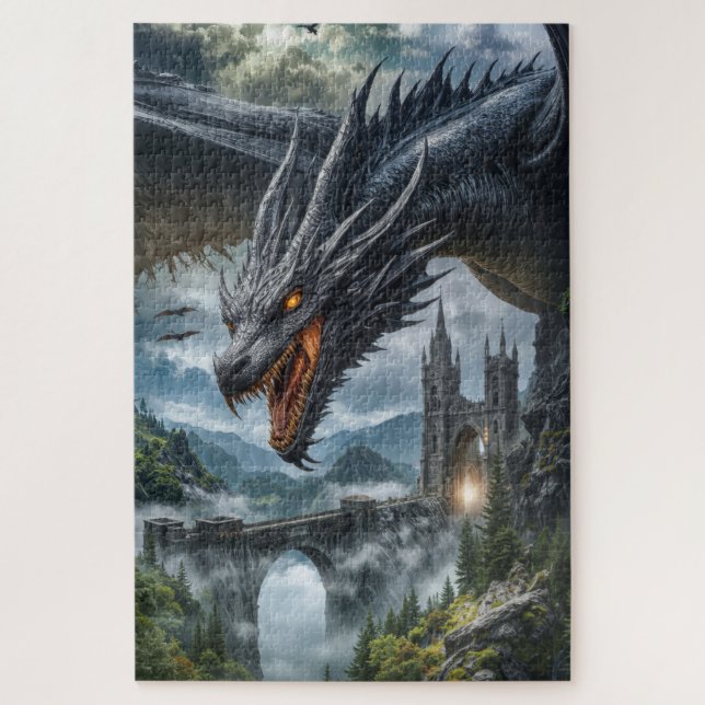Black Dragon Guarding a Gothic Mountain Castle Jigsaw Puzzle (Vertical)