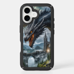 Black Dragon Guarding a Gothic Mountain Castle iPhone 16 Case