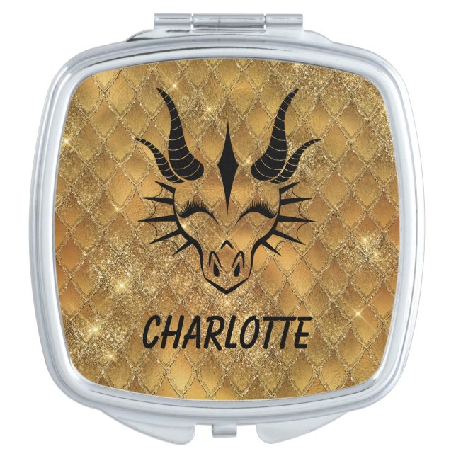 Black Dragon Head & Gold Dragon Scale Background Compact Mirror (Front)
