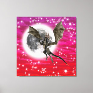Black Dragon - Mythical Fantasy Creature Red Sky Canvas Print