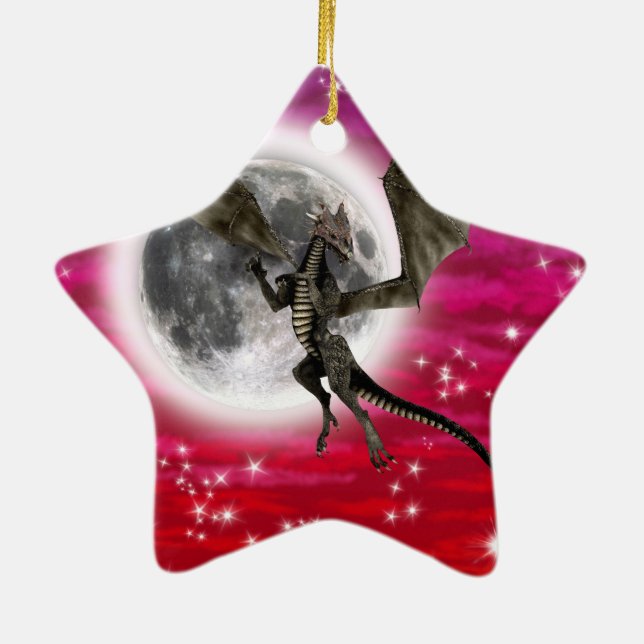 Black Dragon - Mythical Fantasy Creature Red Sky Ceramic Ornament (Back)
