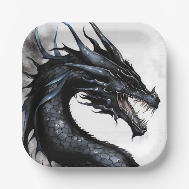 Black Dragon Nidhogg Watercolor Design Paper Plates (Front)