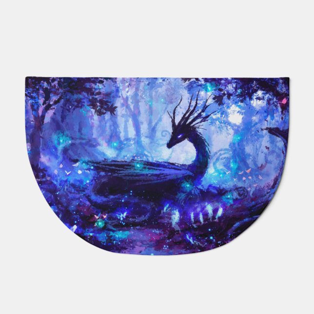 Black dragon, night forest scene. doormat (Front)