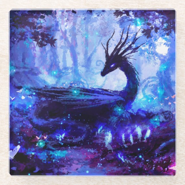 Black dragon, night forest scene. glass coaster (Front)