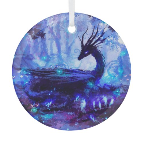 Black dragon, night forest scene. glass ornament