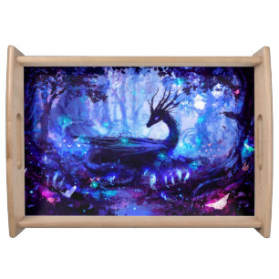 Black dragon, night forest scene. serving tray