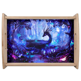 Black dragon, night forest scene. serving tray