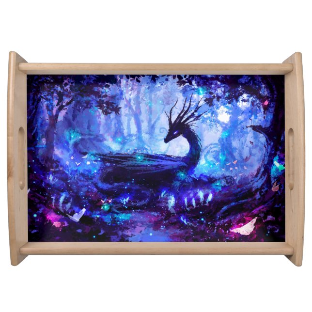 Black dragon, night forest scene. serving tray (Front)