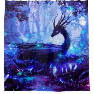 Black dragon, night forest scene. shower curtain