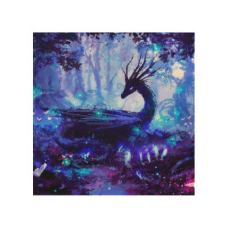 Black dragon, night forest scene. wood wall art