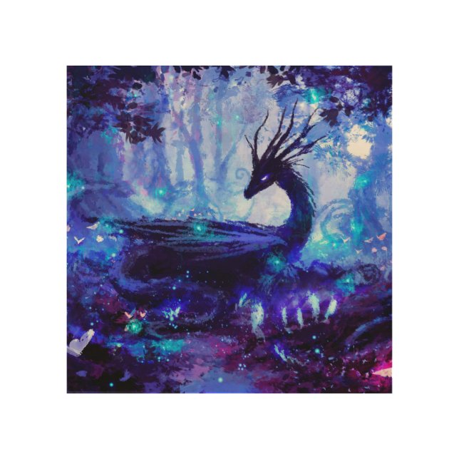 Black dragon, night forest scene. wood wall art (Front)