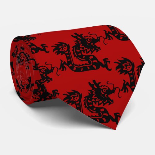 Black Dragon Papercut Chinese New Year Zodiac Red  Neck Tie