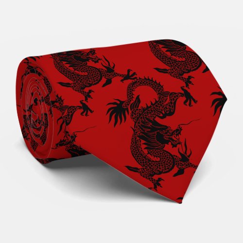Black Dragon Papercut Chinese New Year Zodiac Red Neck Tie