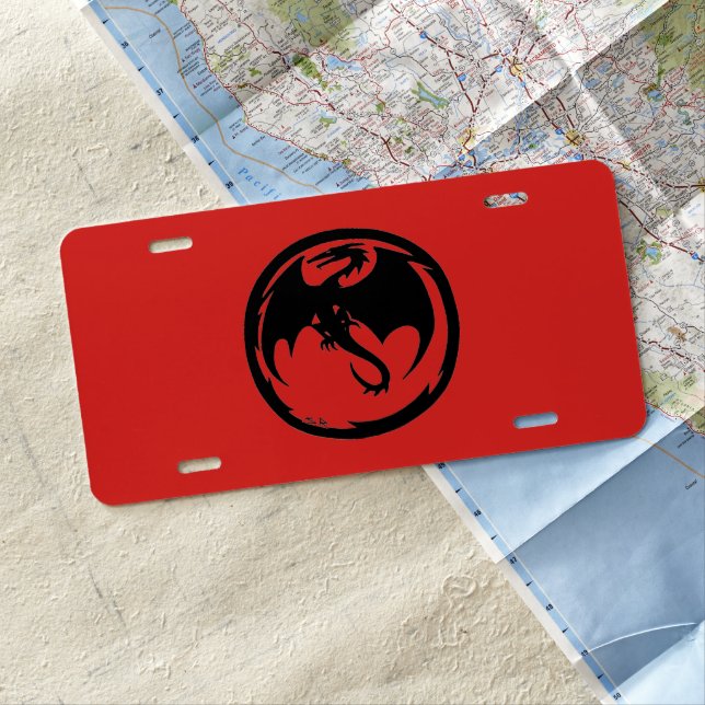 Black Dragon red aluminum car license plate (In Situ)
