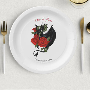 Black Dragon Red Rose Fantasy Gothic Paper Plates