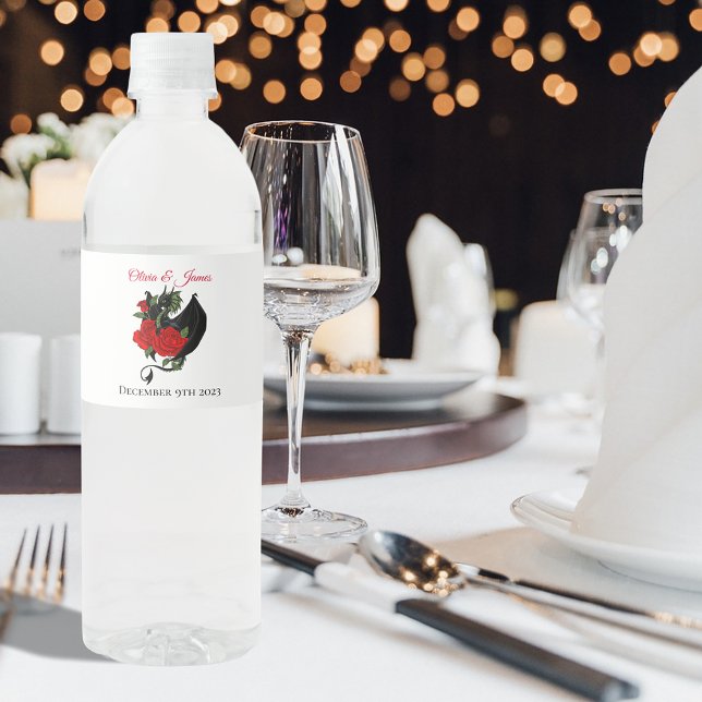 Black Dragon Red Rose Fantasy Gothic Water Bottle Label (Creator Uploaded)