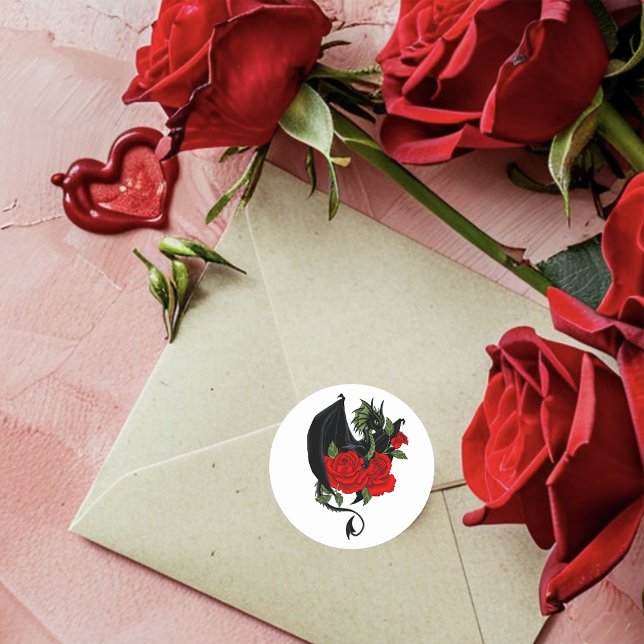 Black Dragon Red Rose Fantasy Gothic  Wedding Classic Round Sticker (Creator Uploaded)