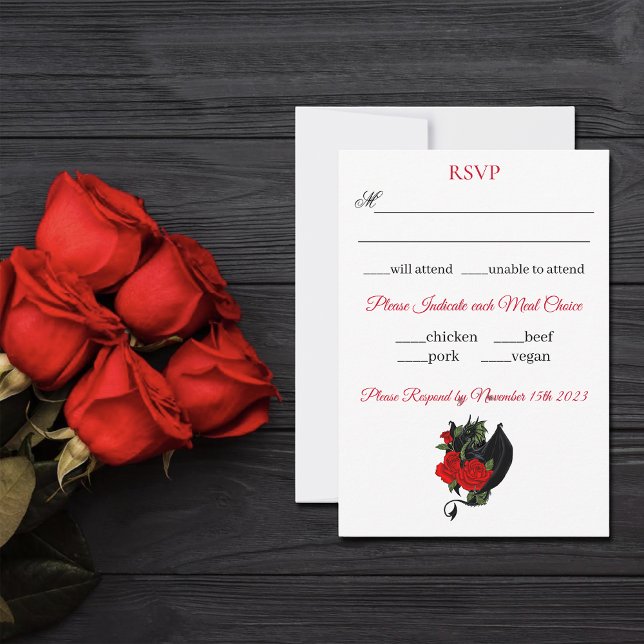 Black Dragon Red Rose Fantasy Gothic Wedding RSVP Card (Creator Uploaded)