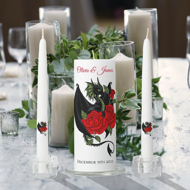 Black Dragon Red Rose Fantasy Gothic Wedding Unity Candle Set (Creator Uploaded)