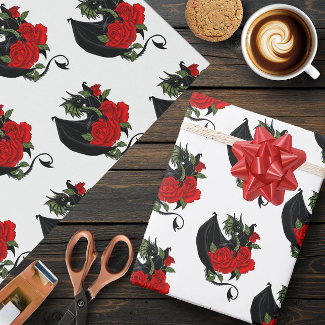 Black Dragon Red Rose Fantasy Gothic Wedding Wrapping Paper (Creator Uploaded)