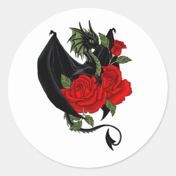 Black Dragon Red Roses Fantasy Wedding Classic Round Sticker by tigressdragon at Zazzle