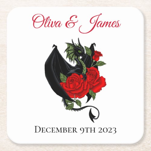 Black Dragon Red Roses Fantasy Wedding Square Paper Coaster