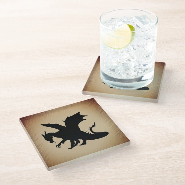 Black Dragon Rustic Background Glass Coaster (Angled)