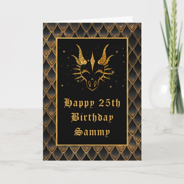 Black Dragon Scales Faux Glitter Happy Birthday Card (Front)