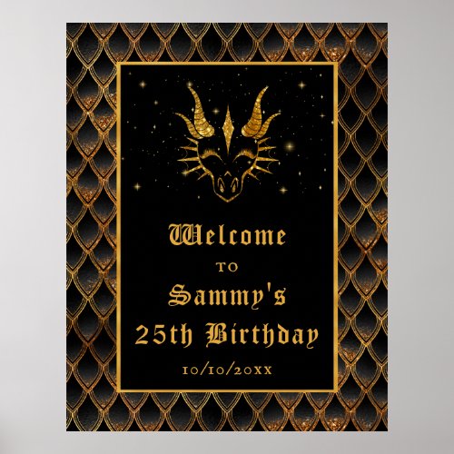 Black Dragon Scales Gold Birthday Party Welcome Poster