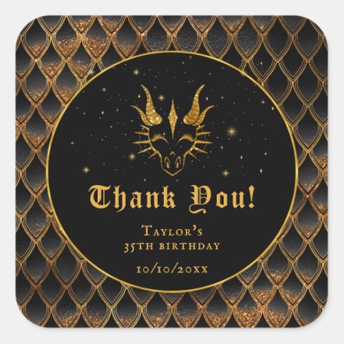 Black Dragon Scales Gold Birthday Thank You Square Sticker