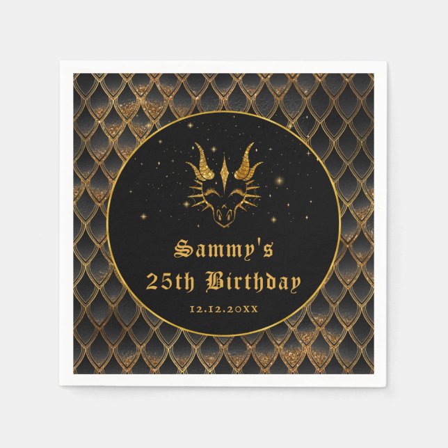 Black Dragon Scales Gold Faux Glitter Birthday Napkins (Front)