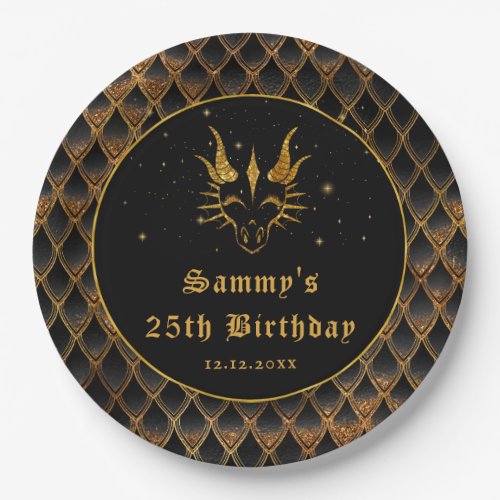 Black Dragon Scales Gold Faux Glitter Birthday Paper Plates