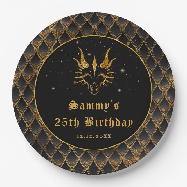 Black Dragon Scales Gold Faux Glitter Birthday Paper Plates (Front)
