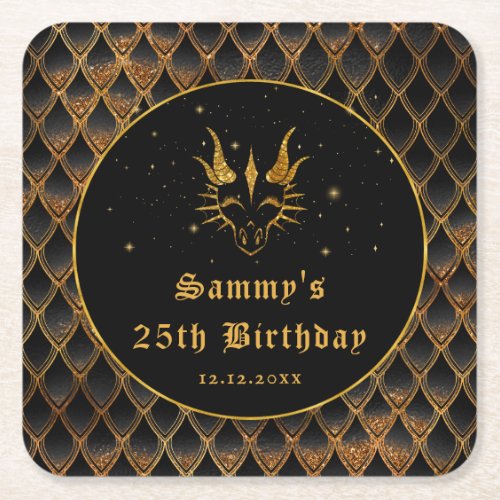 Black Dragon Scales Gold Faux Glitter Birthday Square Paper Coaster