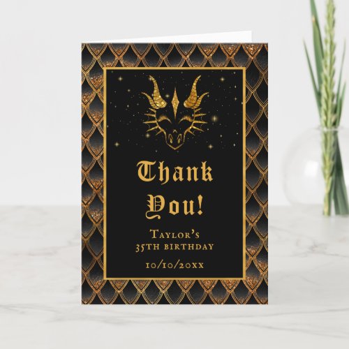 Black Dragon Scales Gold Faux Glitter Birthday Thank You Card