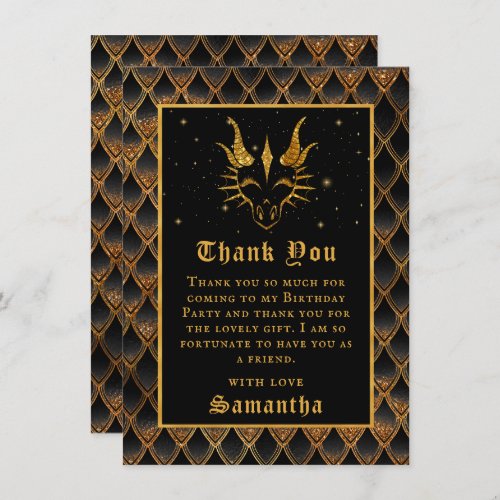 Black Dragon Scales Gold Faux Glitter Birthday Thank You Card