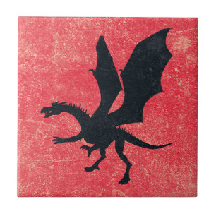 Black Dragon Silhouette Red Textured Ceramic Tile