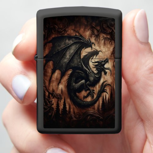 Black Dragon Soaring Above Forest Zippo Lighter