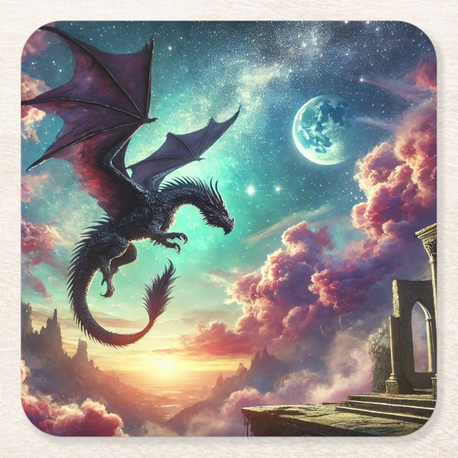 Black Dragon Square Paper Coaster (Front)