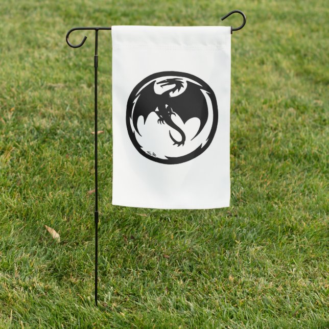 Black Dragon white garden flag (In SItu)