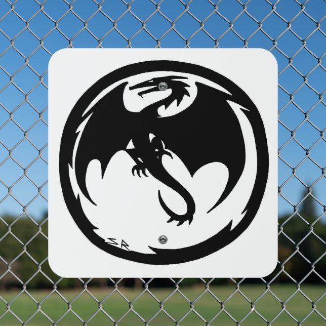 Black Dragon white square metal sign (In Situ(Fence))