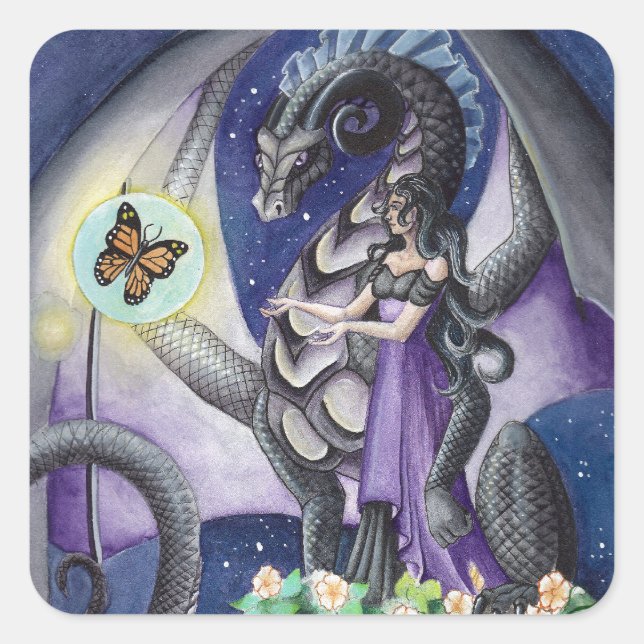 Black Dragon with butterfly dragon art Square Sticker (Front)