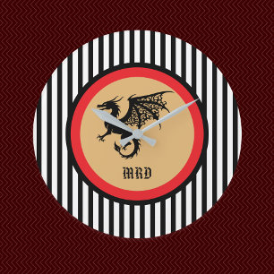 Black Dragon with Monogram n Black White Stripes Large Clock