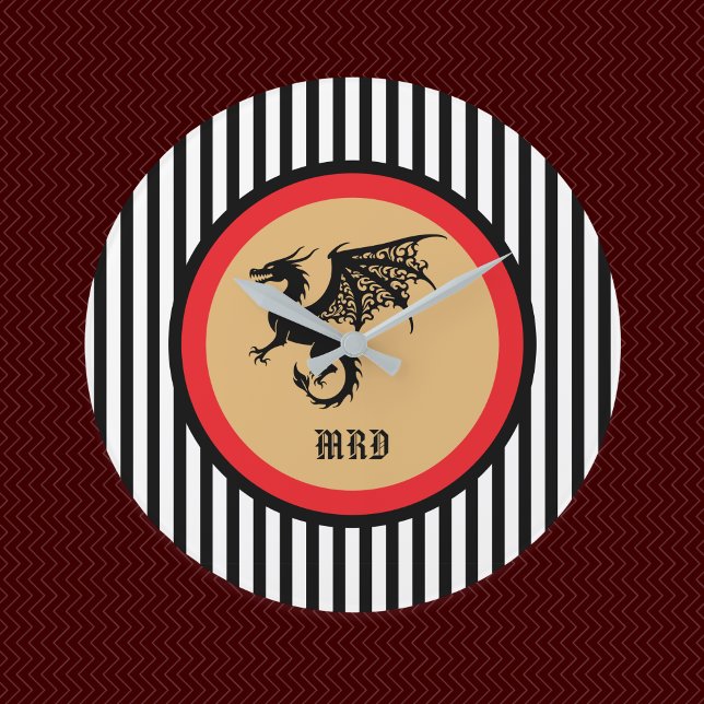 Black Dragon with Monogram n Black White Stripes   Large Clock (Creator Uploaded)