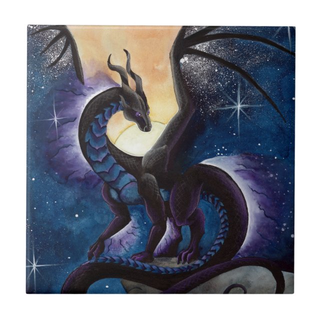 Black Dragon with Night Sky by Carla Morrow Ceramic Tile (Front)